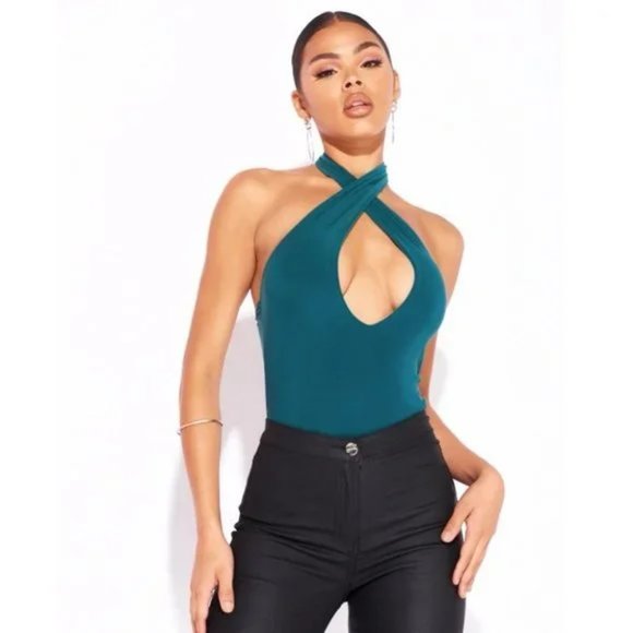 Green Sleeveless Halter Neck Keyhole Open Back Bodycon Bodysuit Leotard Top - Picture 4 of 13